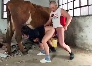 Busty babe and her lovely farm animal