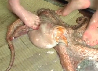 Two crazy hotties fuck with a real octopus