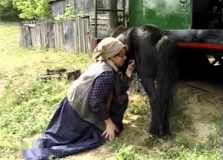 Small black pony nicely sucked by farm girl