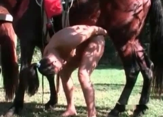 Slender farm girl enjoys her massive stallion
