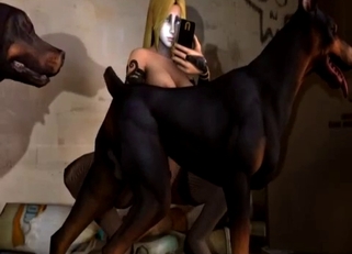 Busty 3D blonde jerks off a doberman dick
